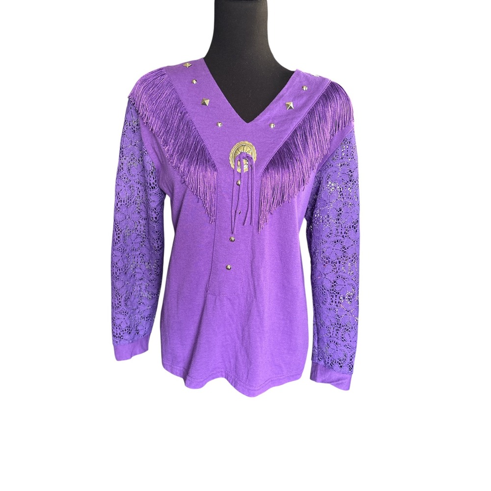 Vintage Sas'sa Purple V-Neck Western Shirt W/ Crocheted Sleeves & Fringe, Medium